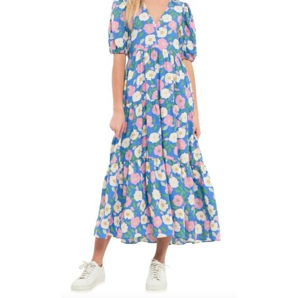 English Factory Floral Puff Sleeve Midi Dress Medium NWT Romantic Cottagecore - Picture 1 of 4